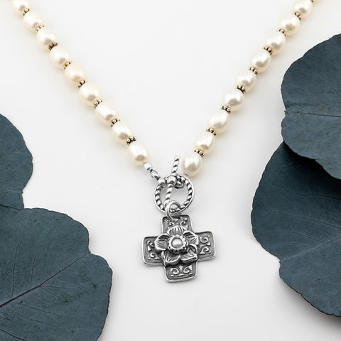 White Pearl Cross Necklace