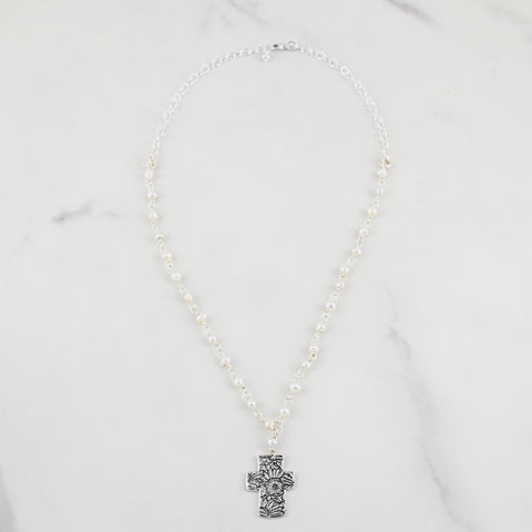 Sunflower Pearl Cross Necklace